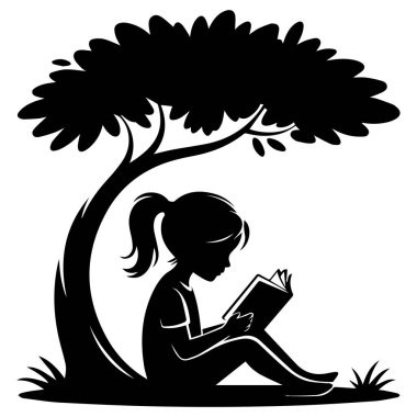 Ağacın altında kitap okuyan bir kızın silüeti, beyaz bir arka planda izole edilmiş, huzurlu bir öğrenme ve rahatlama sahnesi anlatıyor..