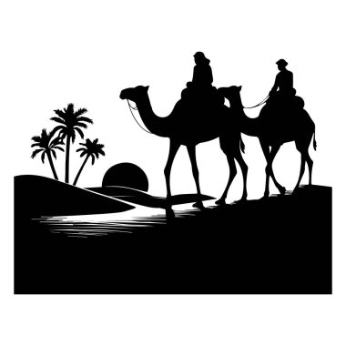 Bir siluet, çölde palmiye ağaçları ve batan güneşi olan iki deveyi ve binicileri tasvir eder..