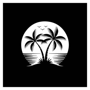 Beyaz bir güneş ve okyanusa karşı silueti olan iki palmiye ağacının üzerinde kuşlar uçuşuyor..