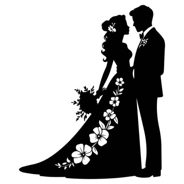 Çiçekli elbiseli bir gelinin silueti elinde bir buket, beyaz arka planda damadın yanında duruyor..