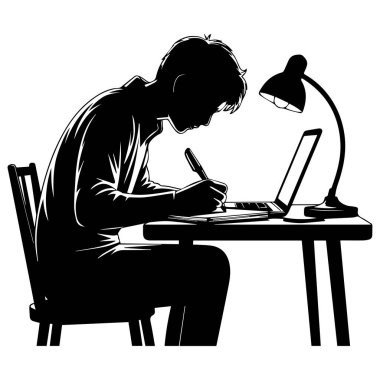 Bir öğrenci masada oturuyor, dizüstü bilgisayarı ve lambası olan bir deftere yazıyor, beyaz üzerine izole edilmiş..