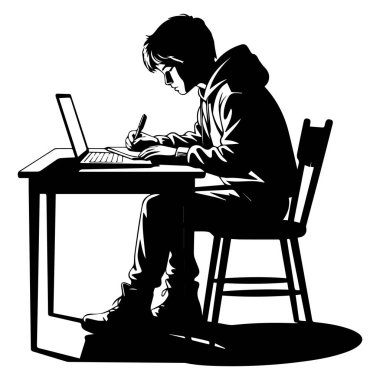 Genç bir öğrenci bir masada oturuyor, dizüstü bilgisayarla çalışıyor ve beyaz bir arka planda izole edilmiş bir kalemle yazıyor..