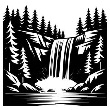 Orman arazisindeki ağaçlar ve kayalarla çevrili bir şelalenin siyah ve beyaz çizimi..