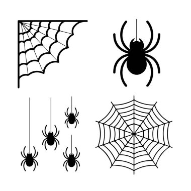 Örümcek ağı ve örümceklerden oluşan bir kolleksiyon beyaz bir arka planda izole edilir. Cadılar Bayramı dekorasyonu ve tasarımları için mükemmeldir..