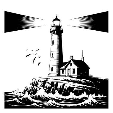 Kayalara vuran dalgaların ve gökyüzünde uçan kuşların olduğu bir uçurumun siyah ve beyaz çizimi..