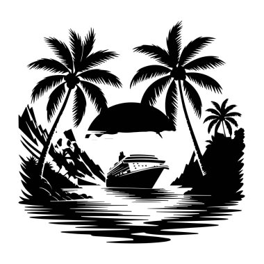 Bir yolcu gemisi tropikal bir adanın yakınından geçiyor. Palmiye ağaçları beyaz arka planda izole edilmiş siyah bir siluet olarak tasvir ediliyor..