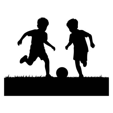 Beyaz arka planda, çimlerin üzerinde top oynayan iki çocuğun silueti..