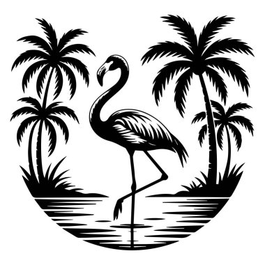 Suda zarif bir flamingo duruyor, siluet palmiyelerle çevrili, beyaz bir zemin üzerinde..