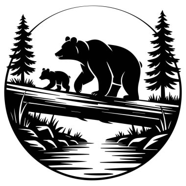 Ağaçlar ve doğa ile çevrili bir derenin üzerinde yürüyen bir ayı ve yavrunun silüeti..