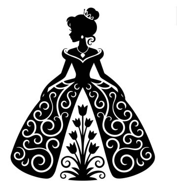 Çiçek desenli bir elbise giyen bir prensesin silüeti, beyaz bir arka planda izole edilmiş..