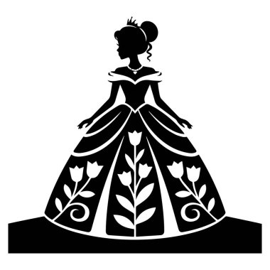 Beyaz bir arka planda, çiçekli bir elbise ve taç giyen bir prensesin silueti..