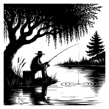 Söğüt ağacının altında bir balıkçının silüeti, bir sopayla balık tutuyor ve sakin doğa sahnesinin tadını çıkarıyor..