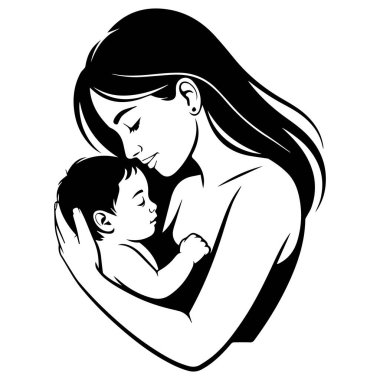 Beyaz arka planda bebeğini kucaklayan bir annenin siyah ve beyaz vektör çizimi..