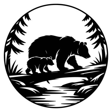 Bir anne ayı ve yavrusunun silueti, beyaz arka planda izole bir şekilde, ormandaki bir nehrin üzerindeki devrilmiş bir ağaçta yürüyor..