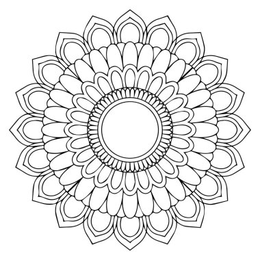 Beyaz arka planda çiçek ve geometrik elementler içeren karmaşık mandala deseni, boyama veya tasarım projeleri için mükemmel.