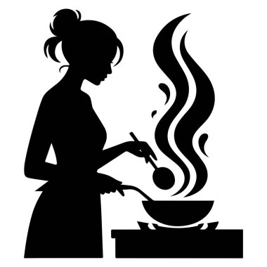 Buharlı bir tavada yemek pişiren bir kadının silüeti, beyaz bir arka planda izole edilmiş..