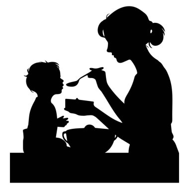 Çocuğunu kaşıkla besleyen bir annenin silüeti, beyaz bir arka planda izole edilmiş..
