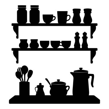 Siyah bir siluet, beyaz arka planda izole edilmiş mutfak eşyaları üç rafta sergilenir..