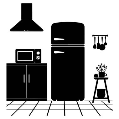 Buzdolabı, mikrodalga fırın, kabin, sökücü fan ve beyaz üzerine izole edilmiş diğer mutfak eşyalarının yer aldığı bir mutfak sahnesi..