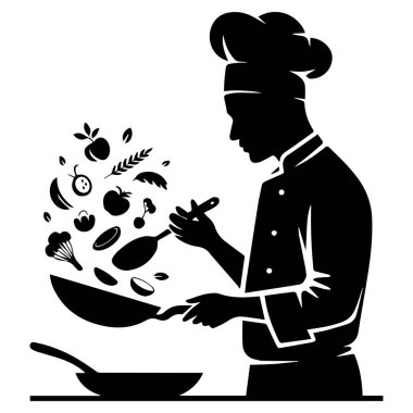 Sebze ve meyveleri tavaya atan bir şefin silueti, beyaz bir arka planda izole edilmiş, aşçılık becerilerini sergiliyor..