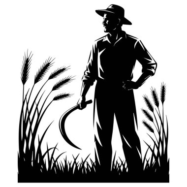 Elinde orak olan şapkalı bir çiftçinin silueti beyaz bir arka planda bir buğday tarlasında duruyor..