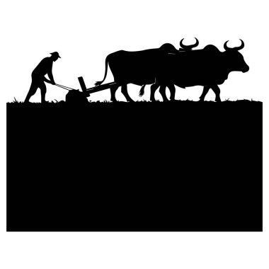 Beyaz arka planda öküzlerle tarlayı süren bir çiftçinin silueti.