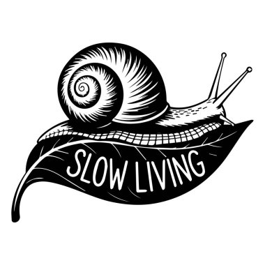 Yaprağın üzerindeki salyangozun şekillendirilmiş siyah-beyaz çizimi.