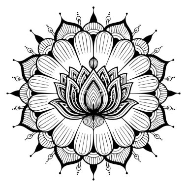 Karmaşık siyah beyaz mandala desenleri ve dekoratif elementlerle parıldayan yapraklı merkezi bir nilüfer çiçeği tasarımı