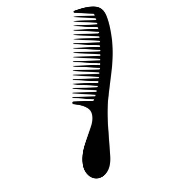 Geniş dişli siyah bir tarağın silüeti ve beyaz arka planda izole edilmiş kıvrımlı bir sapı.