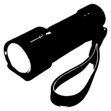 Üzerinde beyaz bir lens ve bilek kayışı olan küçük bir el fenerinin siyah silueti.