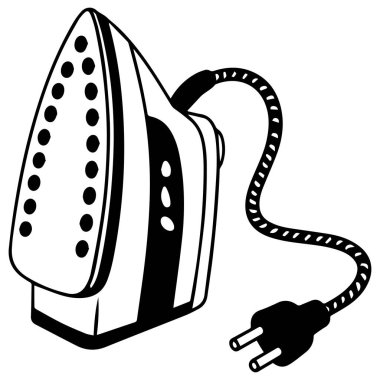 Beyaz arka planda kablosu ve fişi olan ev yapımı elektrikli ütünün siyah beyaz bir çizimi