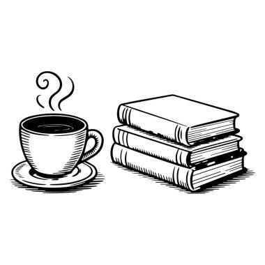 Bir fincan dumanı tüten kahve beyaz arka planda üç klasik ciltli kitabın yanında duruyor.