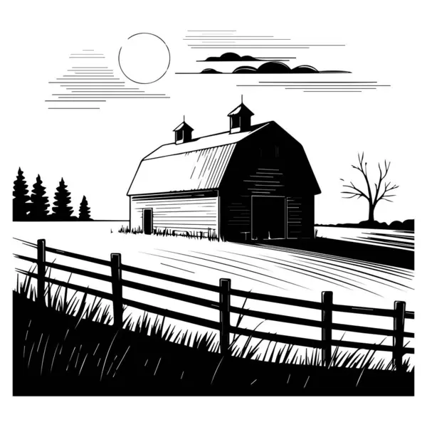 Çizgili gökyüzü ve güneşin altında ahşap çitleri ve siluetli ağaçları olan klasik bir Amerikan ambarının siyah-beyaz çizimi.