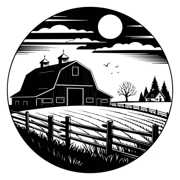 Alacakaranlıkta bir çiftlik sahnesinin şekillendirilmiş siyah-beyaz dairesel silueti. Ahırdaki ağaçlar ve ay ile birlikte.