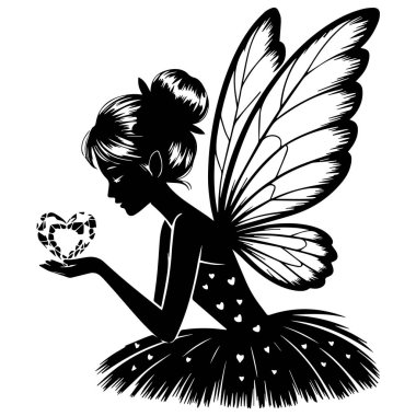 Kanatlı bir perinin siyah silueti kalp şeklinde bir mücevher taşır. Kalplerle süslenmiş bir bale elbisesi giyiyor. Beyaz arkaplanda izole.