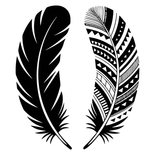 İki tüy, biri düz ve biri kabile tasarımlı, bu vektör illüstrasyonunda beyaz bir arkaplanda izole edilir..