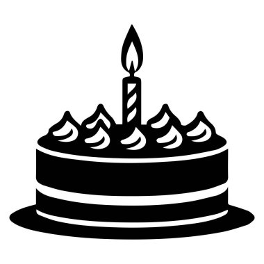 Yuvarlak bir doğum günü pastasının siyah ve beyaz silüeti. Yanında mum ve pasta tezgahına konmuş şekerlemeler.