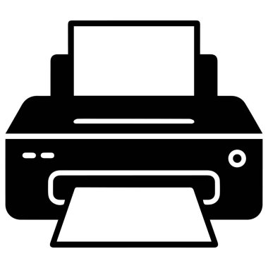 Kağıt çıktı tepsisi ve belge yazdırmak için boş ekranı olan modern bir yazıcıyı temsil eden basit siyah beyaz simge