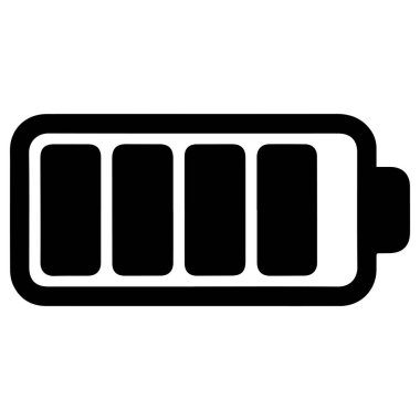 Tamamen dolu bir bataryayı temsil eden basit siyah beyaz simge ve temiz beyaz arkaplan üzerinde pozitif bir terminal.