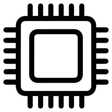 Temiz beyaz arkaplanda birden fazla iğne bulunan bir bilgisayar işlemci çipini temsil eden basit bir siyah beyaz simge