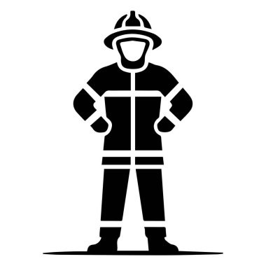 Kasklı ve koruyucu kıyafetli siyah bir itfaiyecinin silüeti elleri kalçalarında beyaz bir arka planda duruyor.