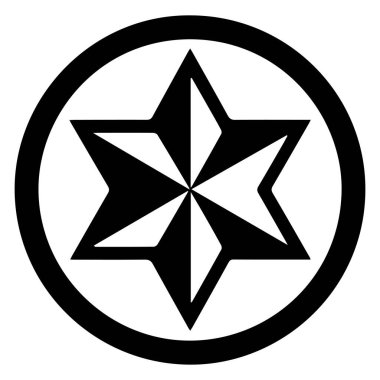 Çarpıcı bir siyah altı köşeli yıldız sembolü kalın siyah bir çemberin içinde, temiz beyaz bir arkaplanda.