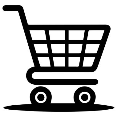 Ticareti ve perakendeciliği temsil eden beyaz arka planda tekerlekleri olan basit bir alışveriş arabasının siyah silüeti.