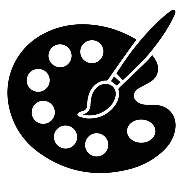 Simple black silhouette of an artist s paint palette with multiple circular wells and a single paintbrush resting on it