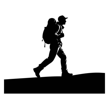 Sırt çantalı bir yürüyüşçünün siyah silueti, beyaz bir arka planda karanlık bir arazide yürüyor.