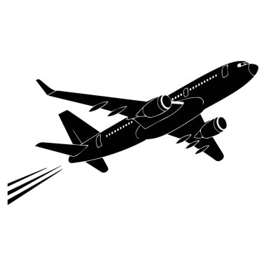 Modern bir yolcu uçağının silueti. Motorları beyaz bir zemine doğru yükseliyor.