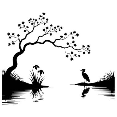 Sakin, siyah bir balıkçıl silueti. Sakin bir göletin kenarında duruyor. Tarz sahibi bir ağaç ve suya yansıyan çiçekler.