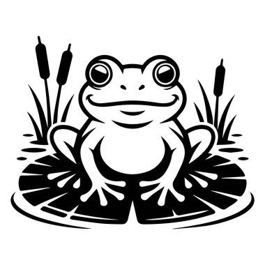 Nilüfer çiçekleri ve su dalgalarıyla çevrili bir nilüfer yaprağının üzerinde oturan mutlu bir kurbağanın siyah beyaz tasviri.