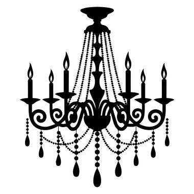 Kaliteli kristal bir avizenin zarif siyah silueti. Beyaz arka planda altı mum ve şelale var.