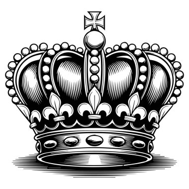 Kraliyet tacını fleur de lis ile süsleyin ve çapraz sembolü siyah ve beyaz oyma tarzıyla yapın.